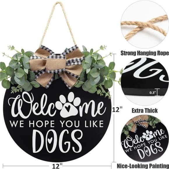 Welcome We Hope You Like Dogs Door Sign with Eucalyptus Leaves & Buffalo Bow - Picture 6 of 7